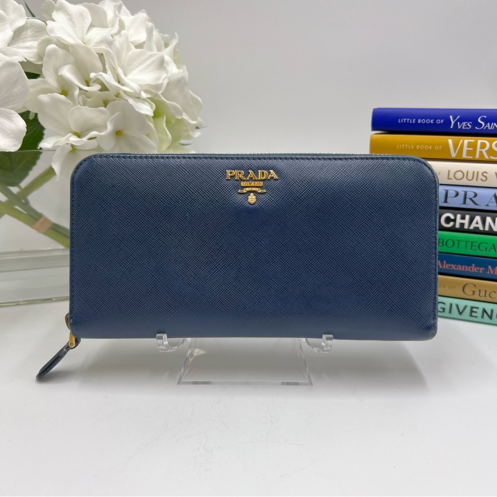 Prada Long Zippy Wallet Blue Saffiano Leather COA EUC